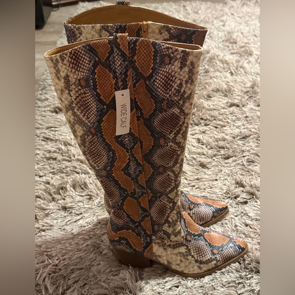 Snakeskin Wide Calf Knee Boots - Brown & Tan